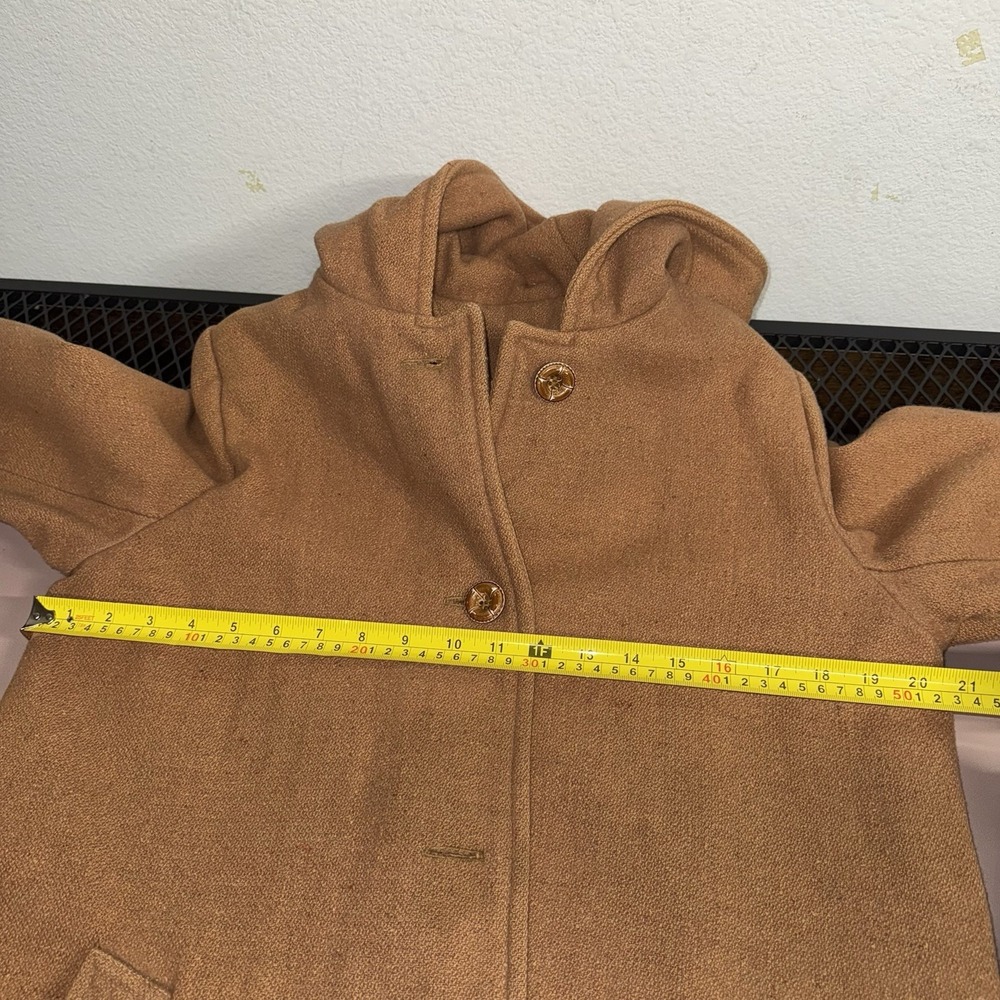 Vintage Hooded Wool Coat Camel Brown Long Lined Trench Women's Mid-Century PICS* - Picture 14 of 16